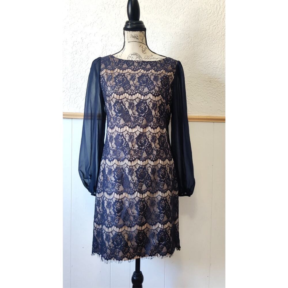 Eliza J‎ Floral Lace Over Lay Cocktail Dress Size 8  Sheer Long Sleeve Navy